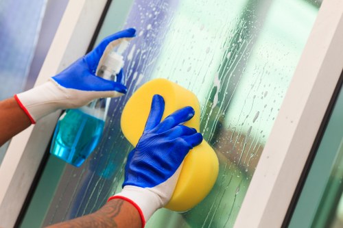 Cleaner preparing a safe workspace with equipment and hazard awareness