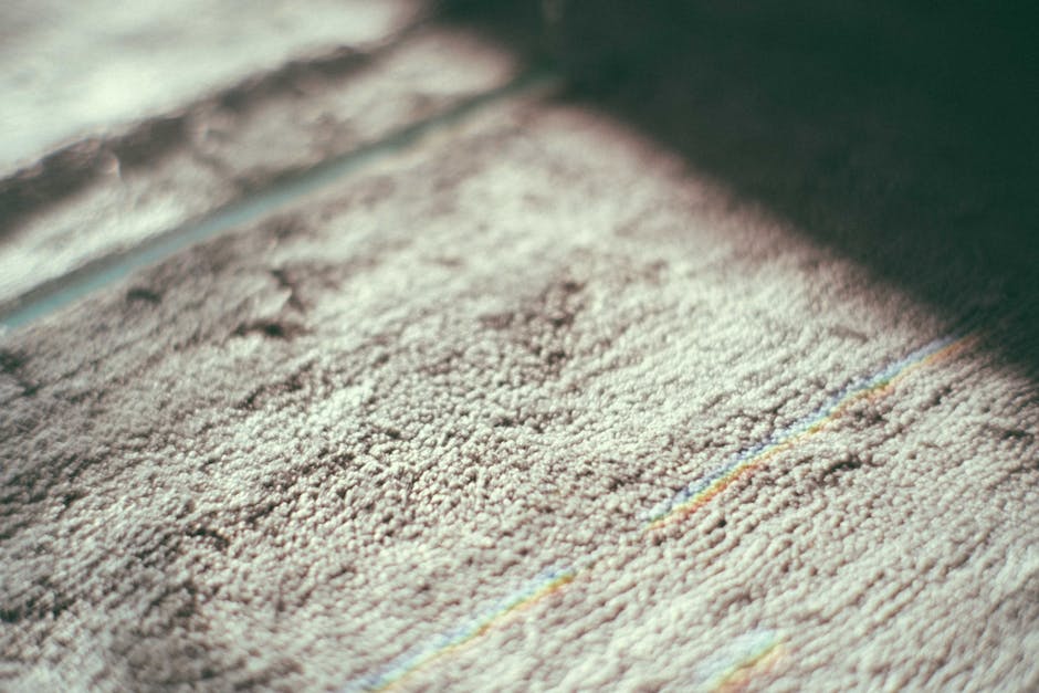 Close-up image of a beige textured carpet on a wooden floor, showing a clean and well-maintained surface with visible fiber details. The carpet is in a room illuminated by natural light, highlighting 